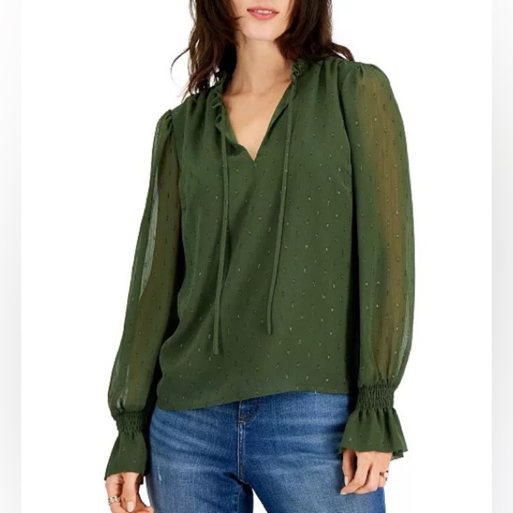 INC Clip-Dot Tie-Neck Blouse, L